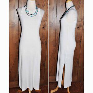 White Midi High Neck A Line Side Slit Knit BodyCon Sexy Tank Dress Boho Style